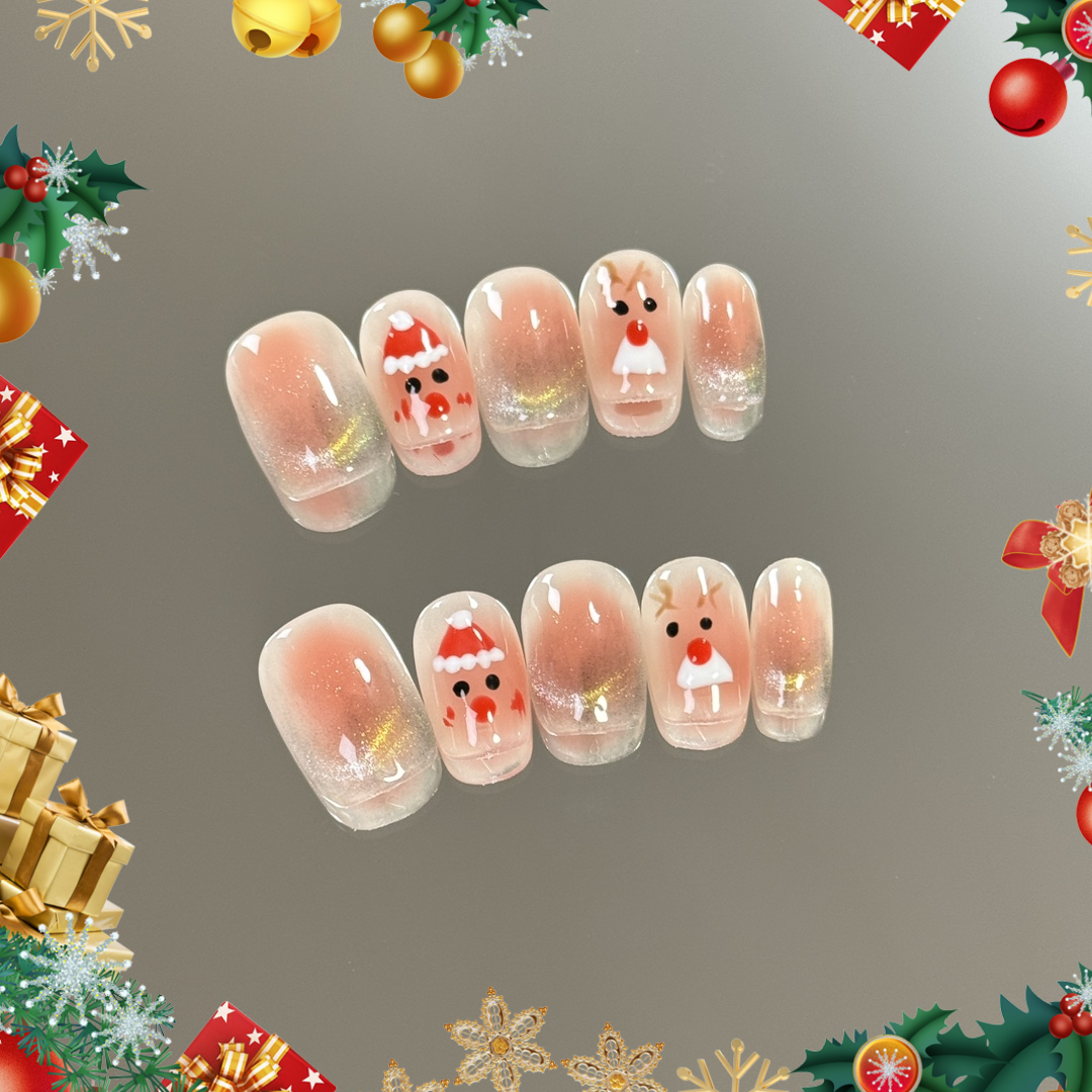 products of images_3: Pink Santa Hat Nails: Cute Christmas Short Round