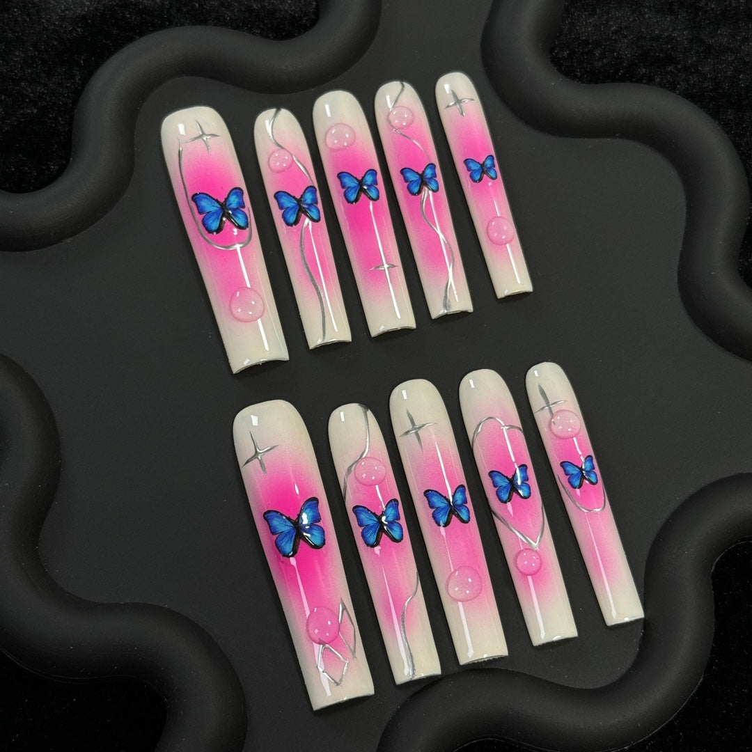 2. "Stylish Long Square PressOn Nails in Pink Ombre with Butterfly Decals"