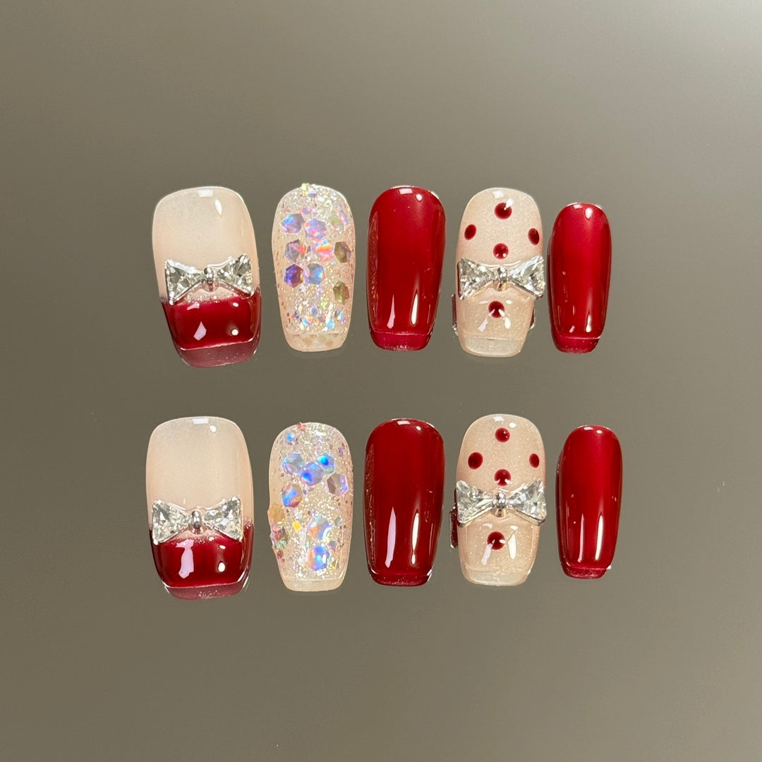 products of images_4: Red Chrome Christmas Nails: Short Round Polka Dot Design