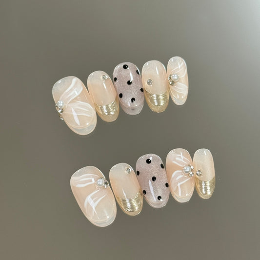 products of images_1: Oval Shape| Elegant Nude Base| Polka Dots Classic Press on Nails