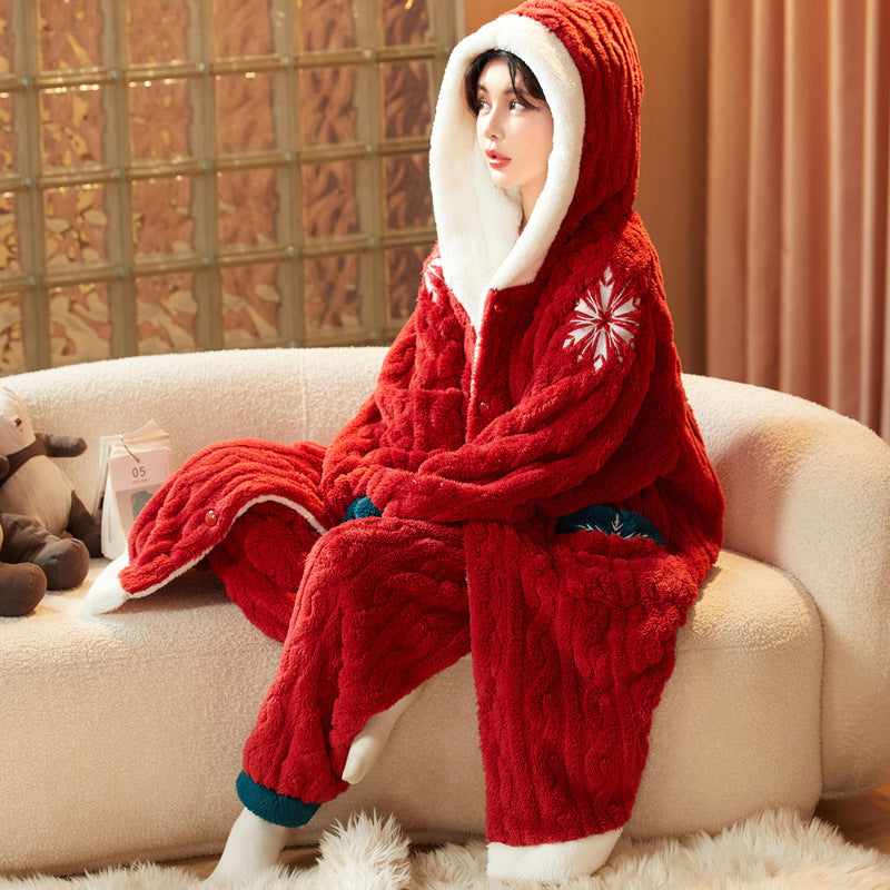 Coral Fleece Pajamas for Women Winter Thickened Long Cute Flannel Autumn Winter Women's Nightgown Homewear Set