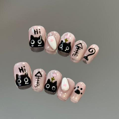 products of images_4: Cute Pink Chrome Short Round Black Cat Eye Nails