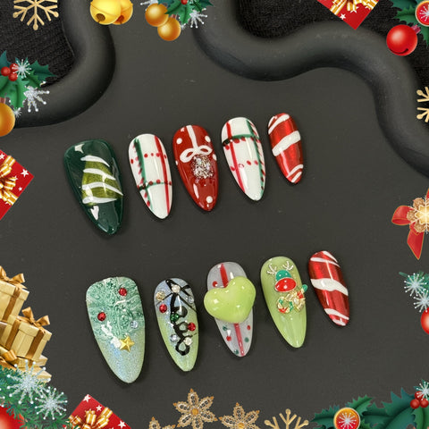 products of images_1: Glamorous Red & Green Christmas Tree Almond Nails