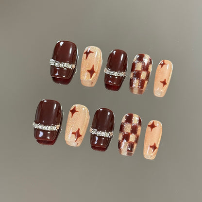 products of images_4: Brown French Tip Short Coffin Old Money Diamond Nails