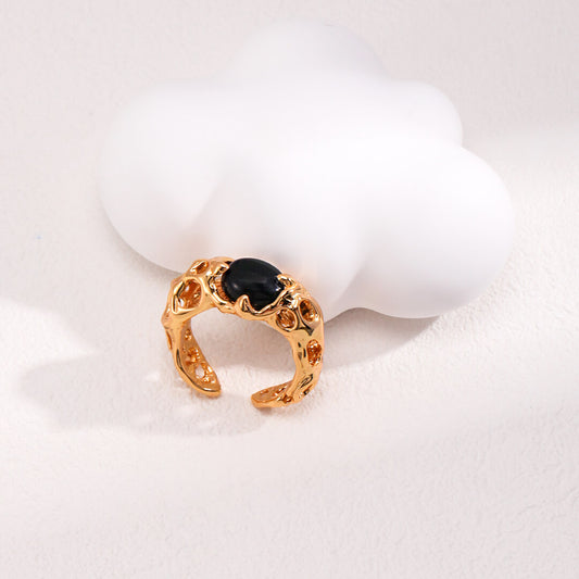 18k Gold Plated Sterling Silver Adjustable Finger Ring Adorned with Black Agate