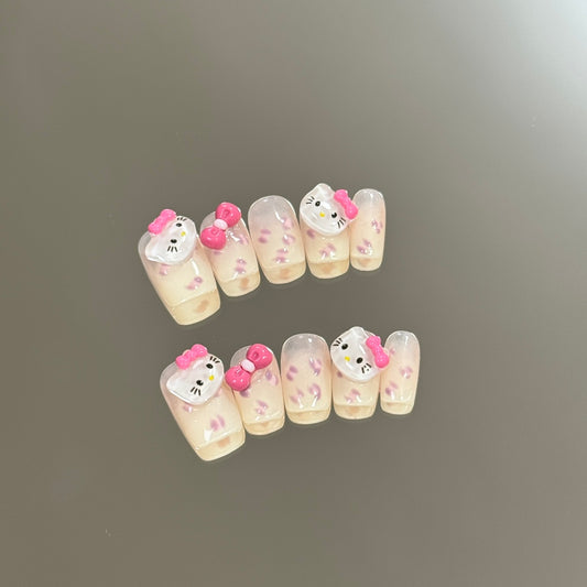 products of images_1: Cute Short Hello Kitty Nails| Ombre Color Handmade Nails With 3D Bows