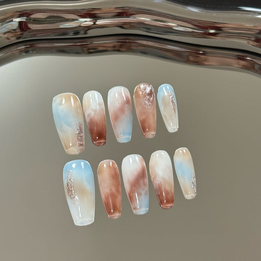 Chinese Style Dunhuang Color Ombre Medium Coffin Nails Salon Quality Handmade Press on Nails images_1