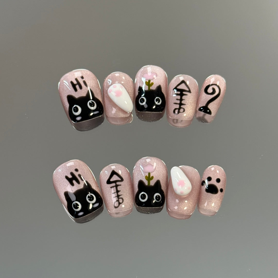 products of images_3: Cute Pink Chrome Short Round Black Cat Eye Nails