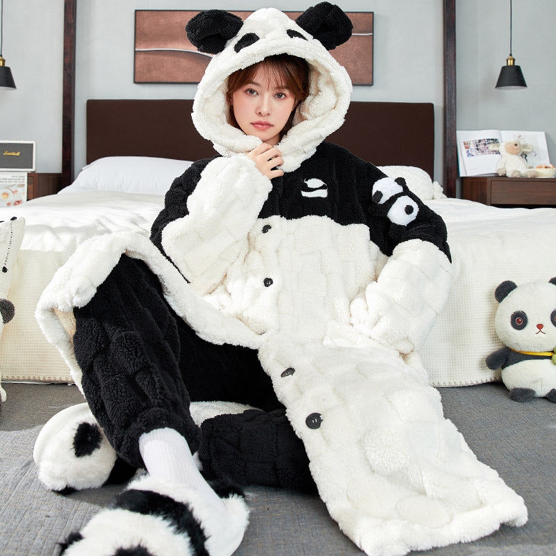 Coral Fleece Pajamas for Women Winter Thickened Long Cute Flannel Autumn Winter Women's Nightgown Homewear Set