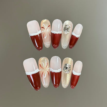 products of images_3: Glittery Christmas French Almond Nails with Firework Pattern