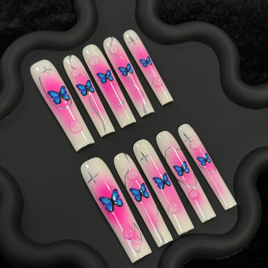 1. "Glamorous Ombre Pink Square Nail PressOns with Elegant Butterfly Accents"