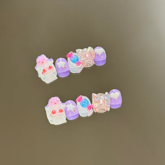 products of images_1: Short Press on Nails for Kids| Purple Round Nails with 3D Candy