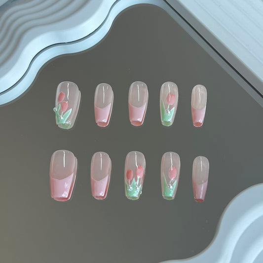 products of images_1: Pink French Tulips Press on Nails Medium Coffin Hanpainted Salon Quality Nails