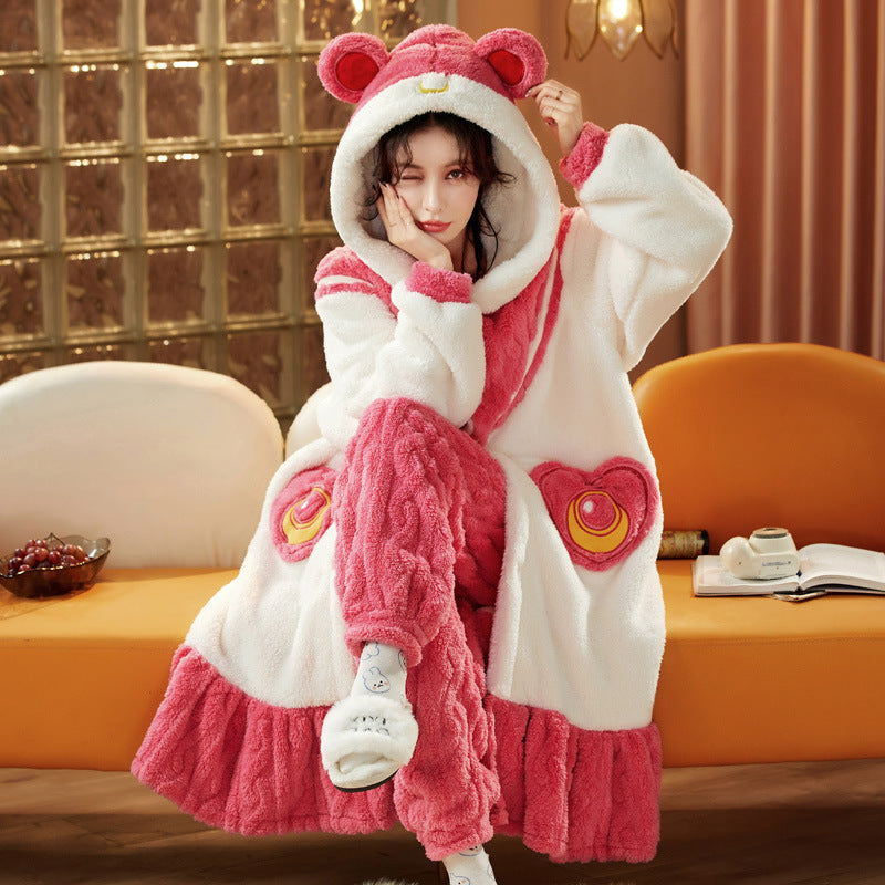 Coral Fleece Pajamas for Women Winter Thickened Long Cute Flannel Autumn Winter Women's Nightgown Homewear Set