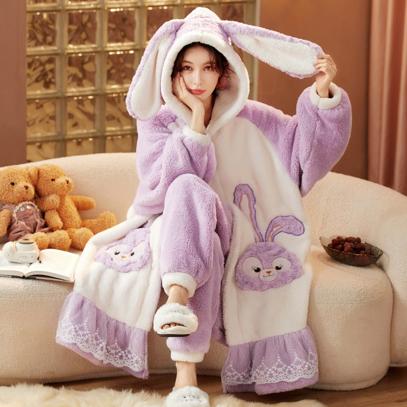 Coral Fleece Pajamas for Women Winter Thickened Long Cute Flannel Autumn Winter Women's Nightgown Homewear Set
