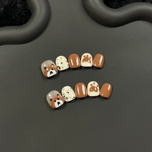 Brown Bear Press on Nails for Kids Cute Handmade Fake Nails 10pcs Round Nails images_1