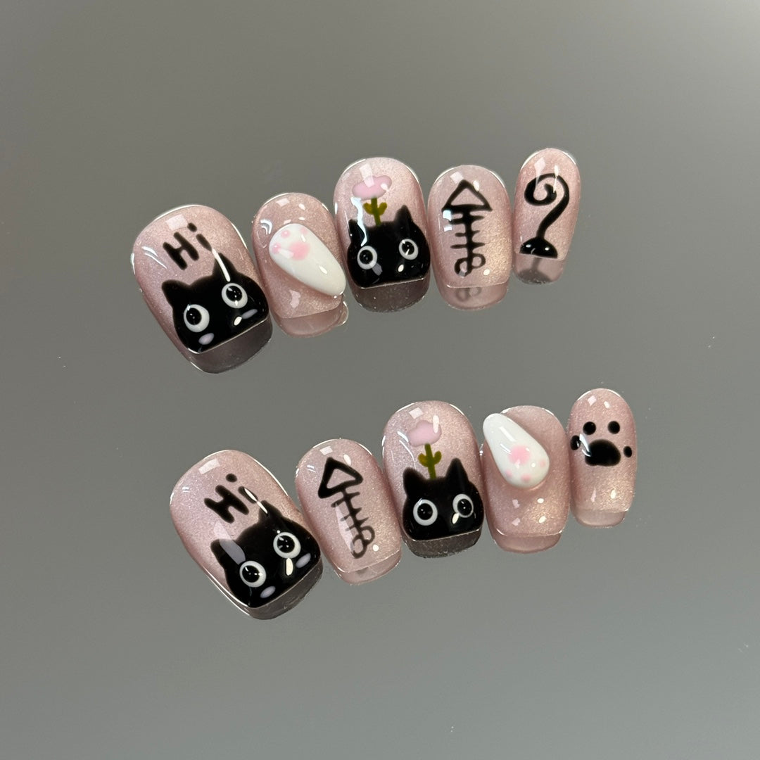 products of images_1: Cute Pink Chrome Short Round Black Cat Eye Nails