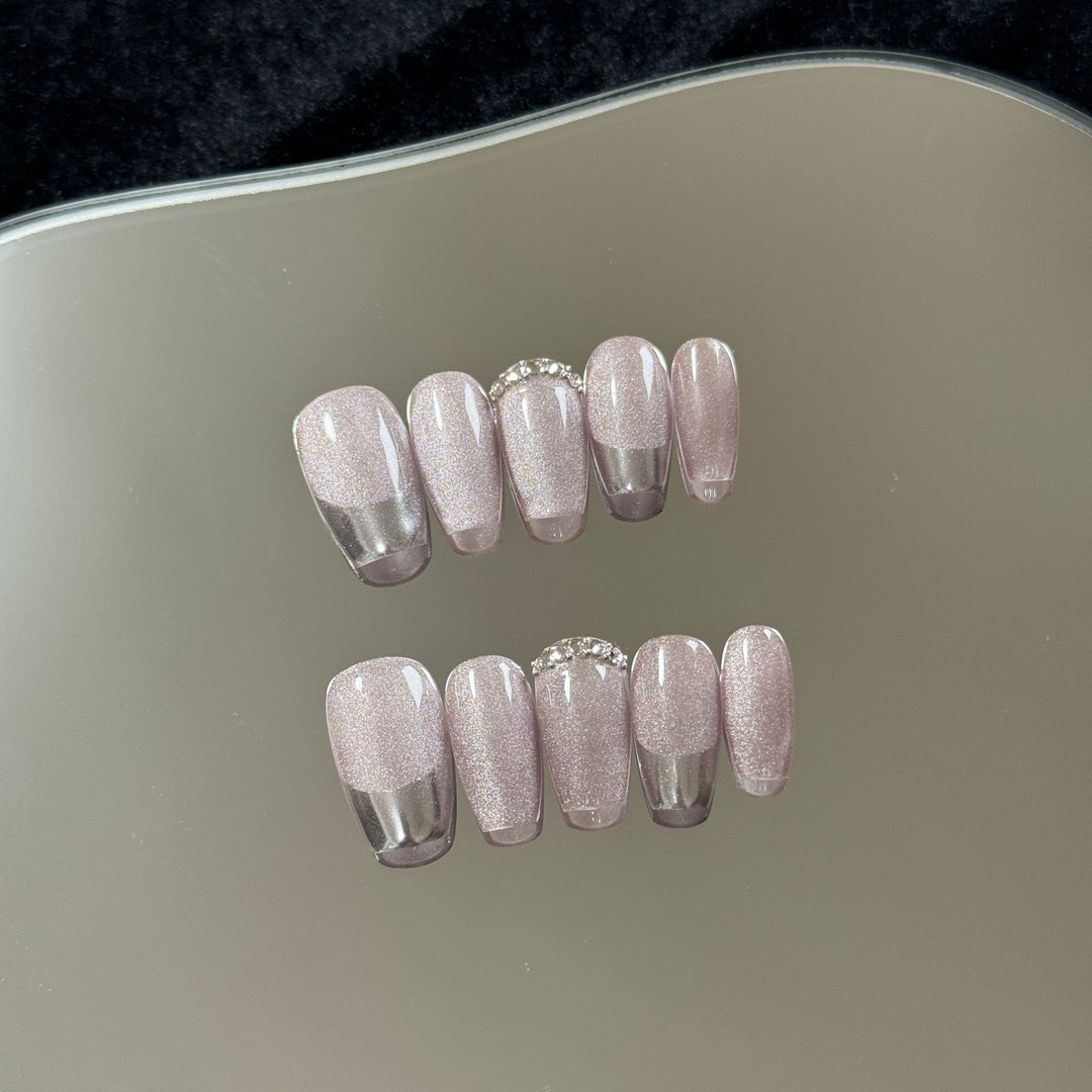 3. "Stylish PressOn Coffin Nails with Pink Cat Eye and French Tips"