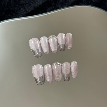 3. "Stylish PressOn Coffin Nails with Pink Cat Eye and French Tips"