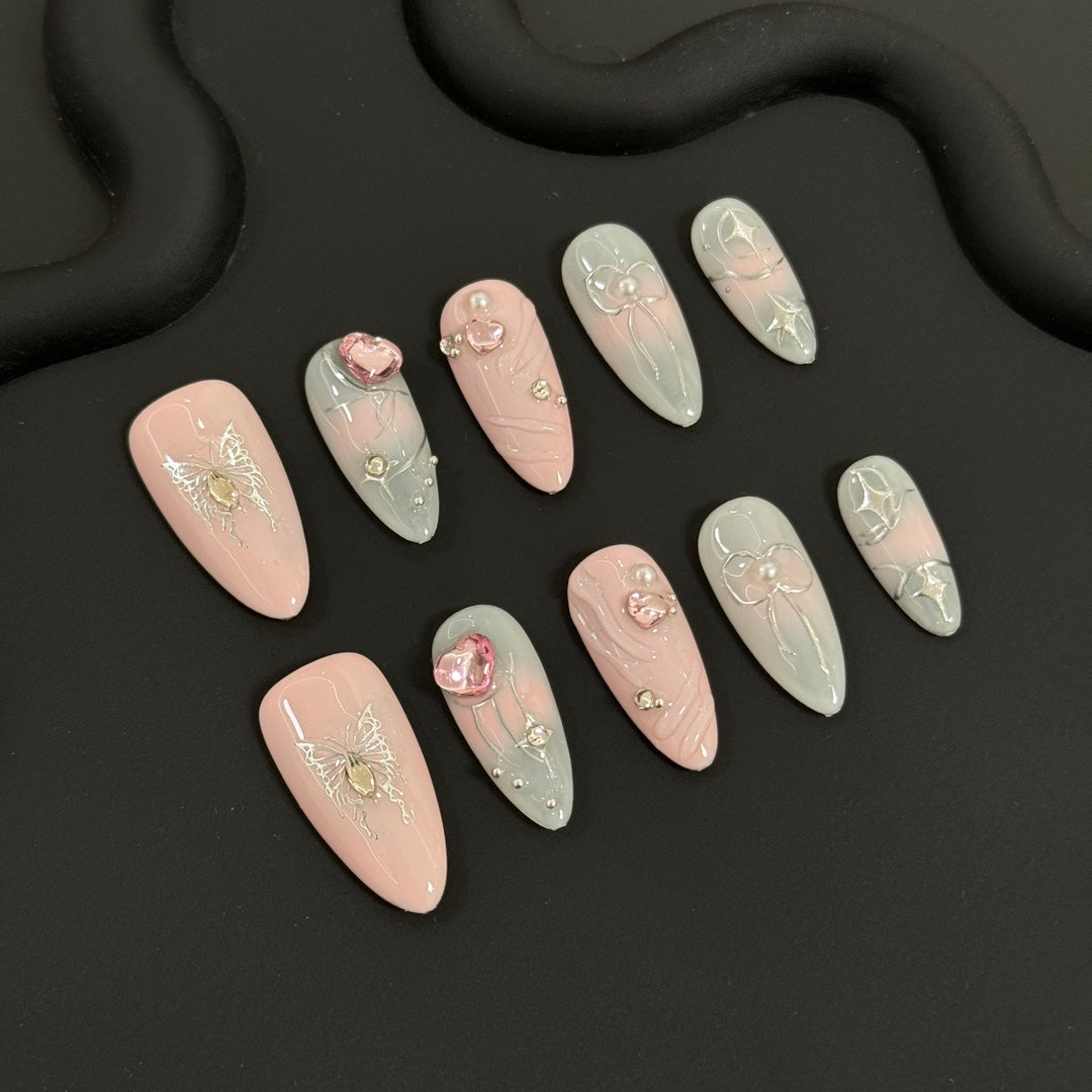 products of images_1: Glossy Pink Butterfly Almond Y2K PressOn Nails