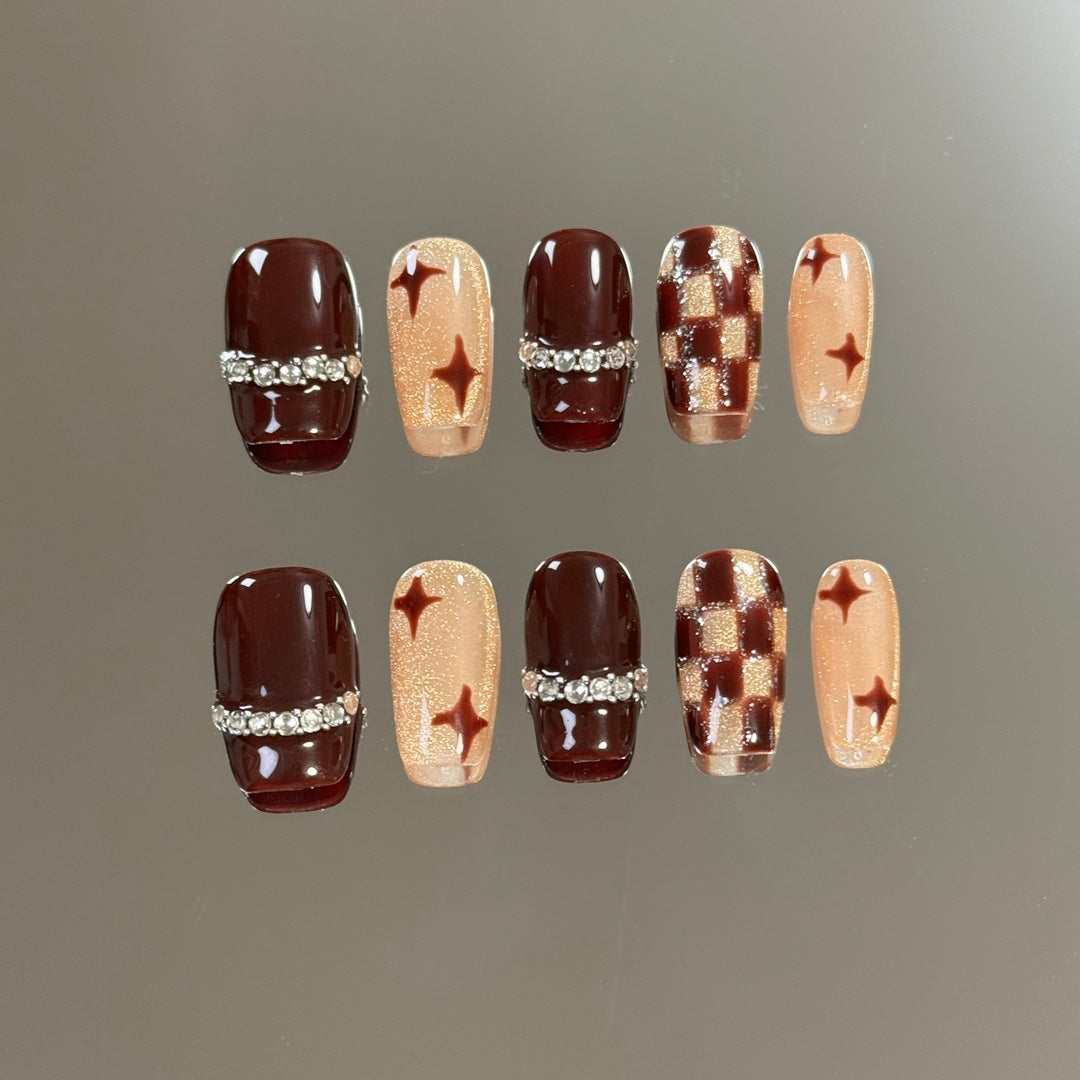 products of images_3: Brown French Tip Short Coffin Old Money Diamond Nails