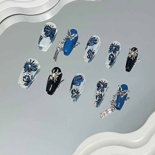 Medium Coffin Blue Butterflies False Nail Set Black Exotic Style Press on Nails images_1