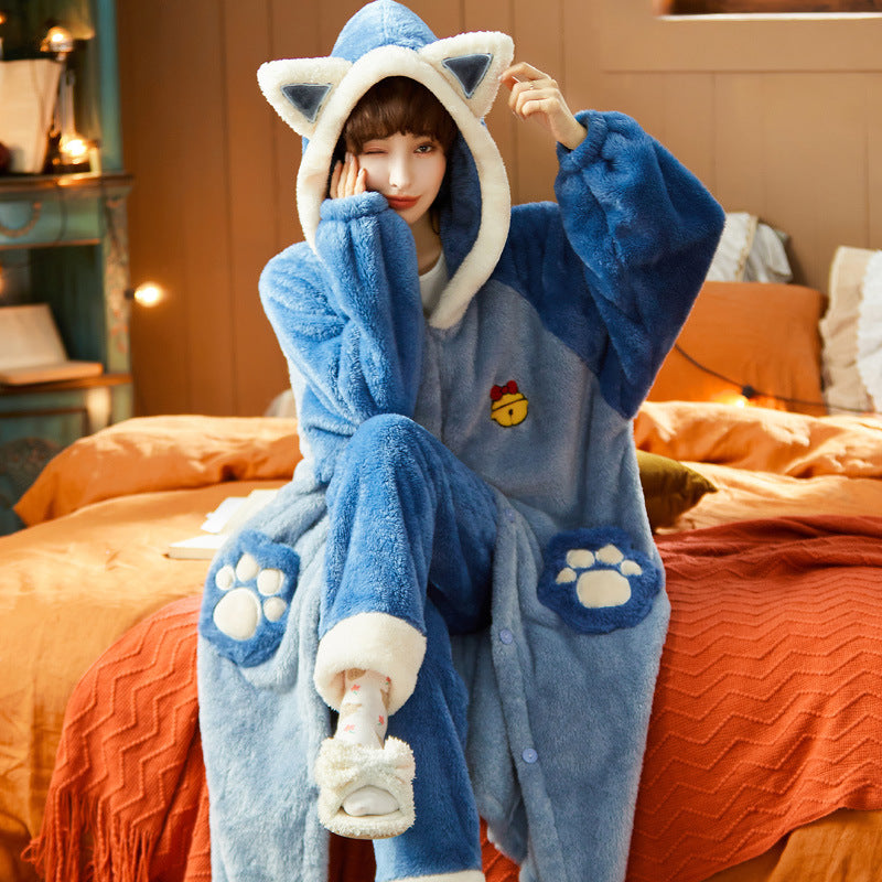 Coral Fleece Pajamas for Women Winter Thickened Long Cute Flannel Autumn Winter Women's Nightgown Homewear Set