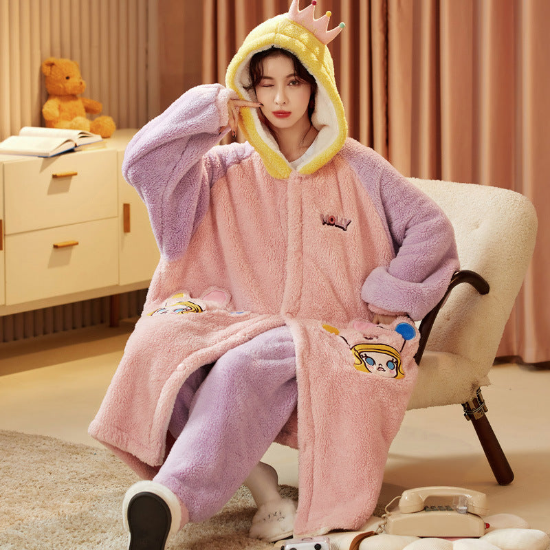 Coral Fleece Pajamas for Women Winter Thickened Long Cute Flannel Autumn Winter Women's Nightgown Homewear Set