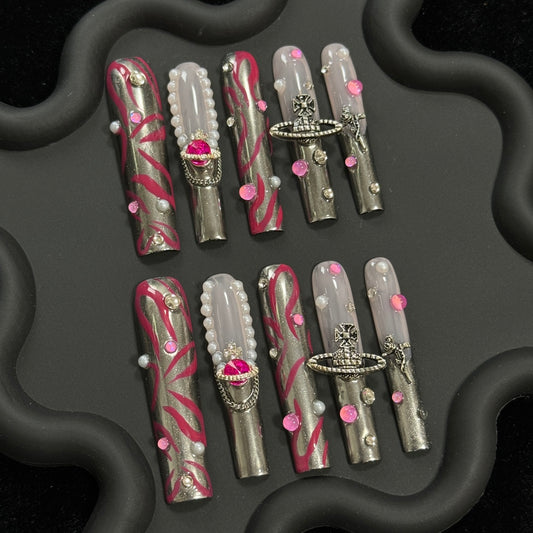 products of images_1: Luxury Long Square Nails| Chrome Shimmering Nails with Accessories