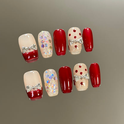 products of images_2: Red Chrome Christmas Nails: Short Round Polka Dot Design