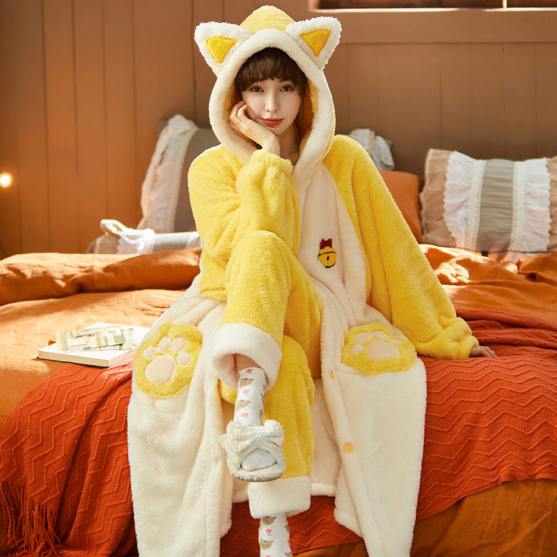 Coral Fleece Pajamas for Women Winter Thickened Long Cute Flannel Autumn Winter Women's Nightgown Homewear Set