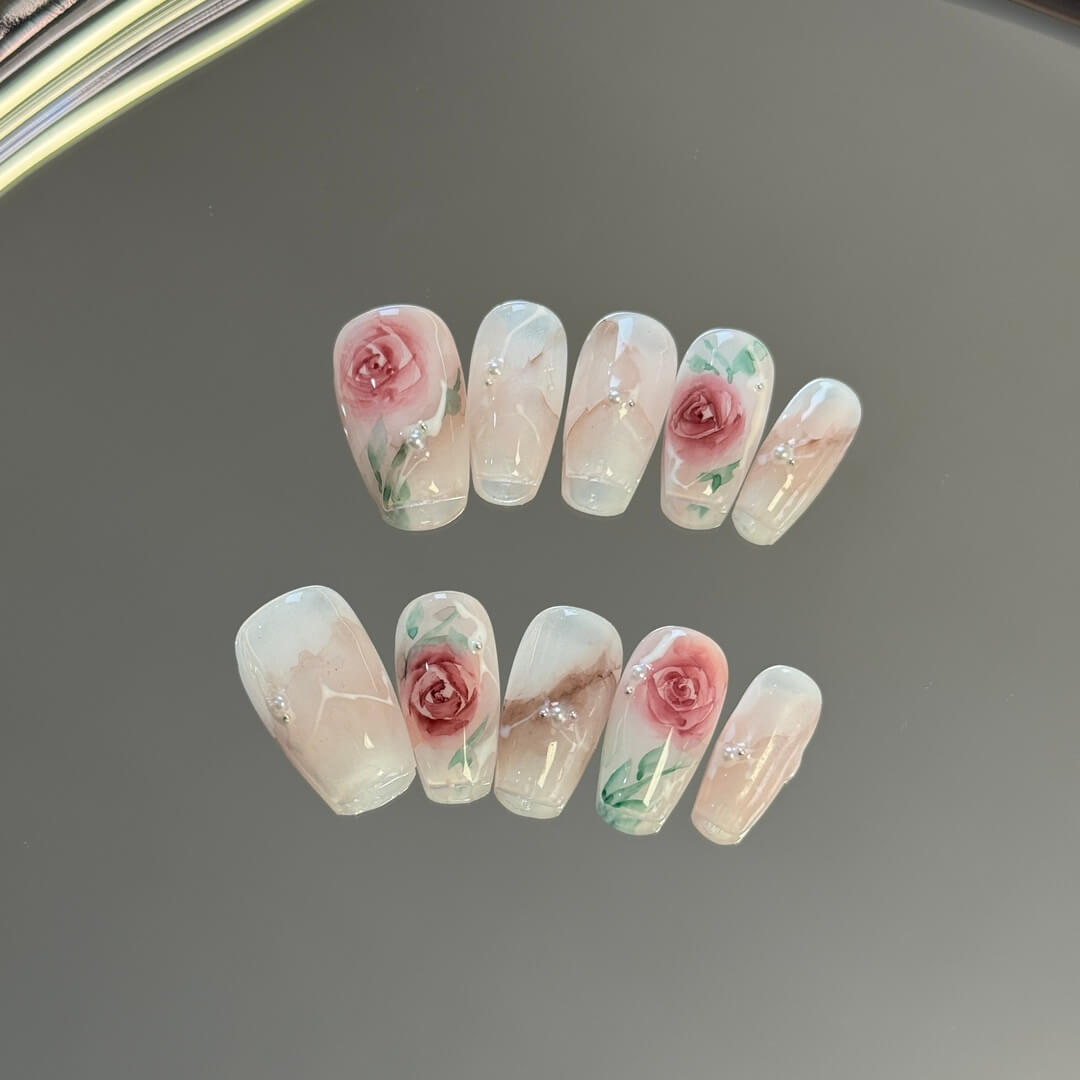 Press-on Nails with Delicate Hand-painted Roses Artistic Rose Nail Tips for Sale