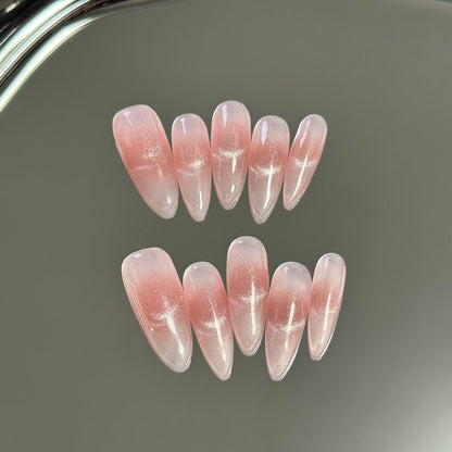 Press-on Nails with Cat-eye Effect Almond Ombre Pink Press-ons Handmade High Quality