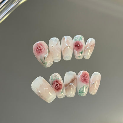 Press-on Nails with Delicate Hand-painted Roses Artistic Rose Nail Tips for Sale