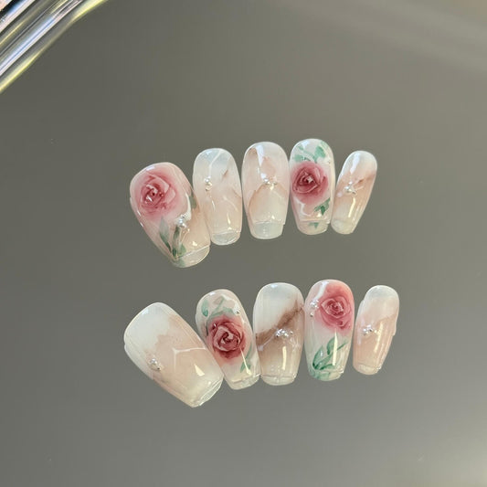 Press-on Nails with Delicate Hand-painted Roses Artistic Rose Nail Tips for Sale