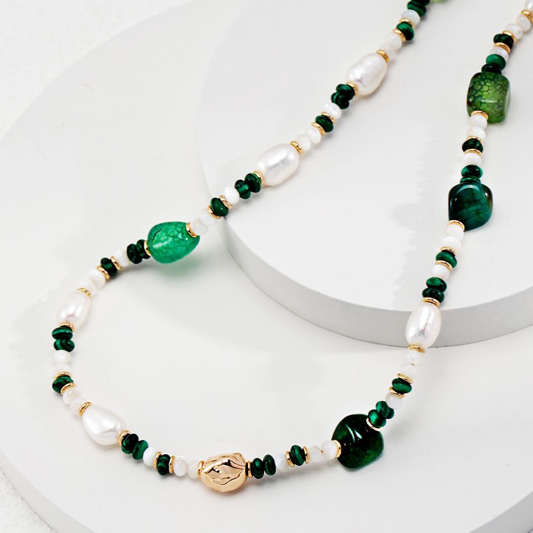 Elegant Pearl Agate Necklace| Sterling Silver Malachite Jewelry| Vintage Inspired