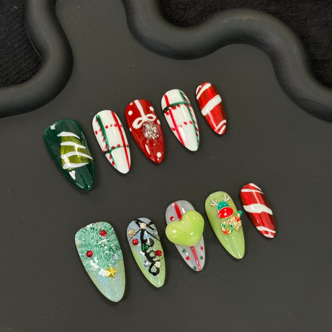 products of images_2: Glamorous Red & Green Christmas Tree Almond Nails