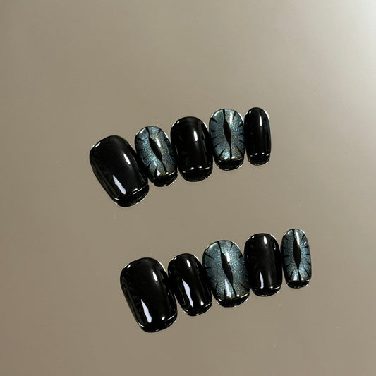 products of images_1: Short Round Cat Eye Nails| Blue Glitter Halloween Nails 10pcs