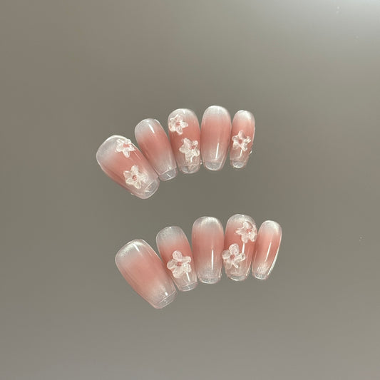 Blush Pink Medium Coffin Nails with 3D Flowers Cat Eye Nails Salon Quality images_1