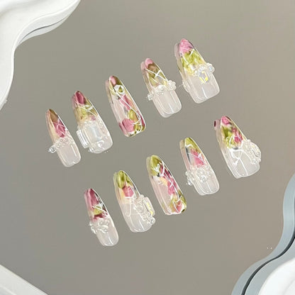 Oil Painting Theme Rose Hand Painted Fake Nail Set Floral 3D Decoration Press On Nails