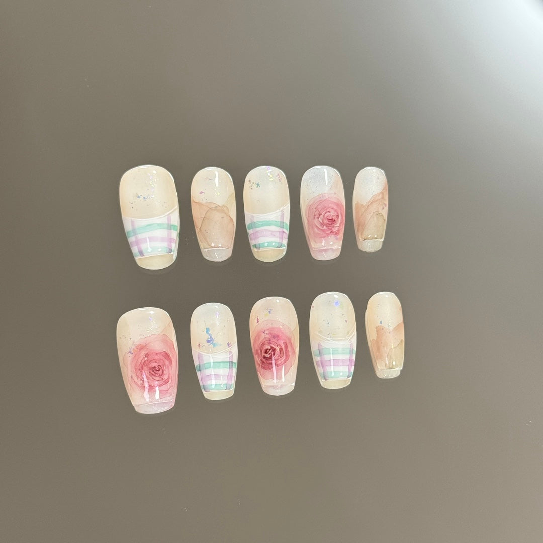 2. Colorful Rose Pattern PressOn Nails, Medium Coffin Shape, Artisan Crafted.