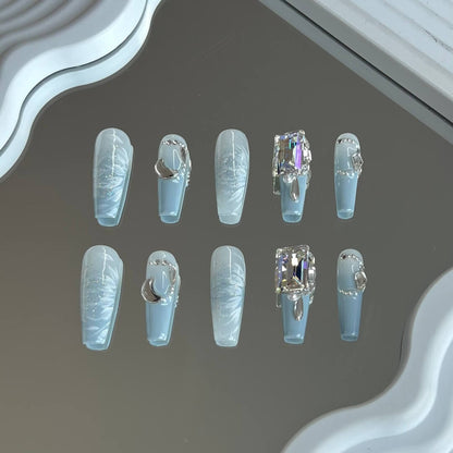 Salon Quality Press on Nail Set Blue Coffin Nails with Diamond Ombre Art Nails