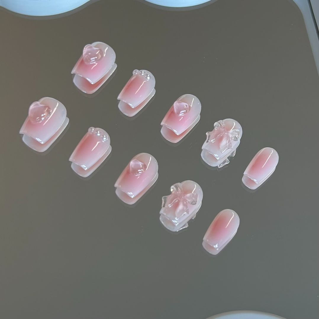 Cute Pink Short Coffin Nails | 3D Bow Design Nail Art