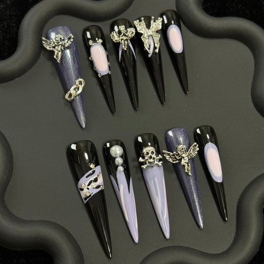 products of images_1: Long Black and Purple Stiletto Cat Eye Extra Long Nails Handmade Halloween Nails