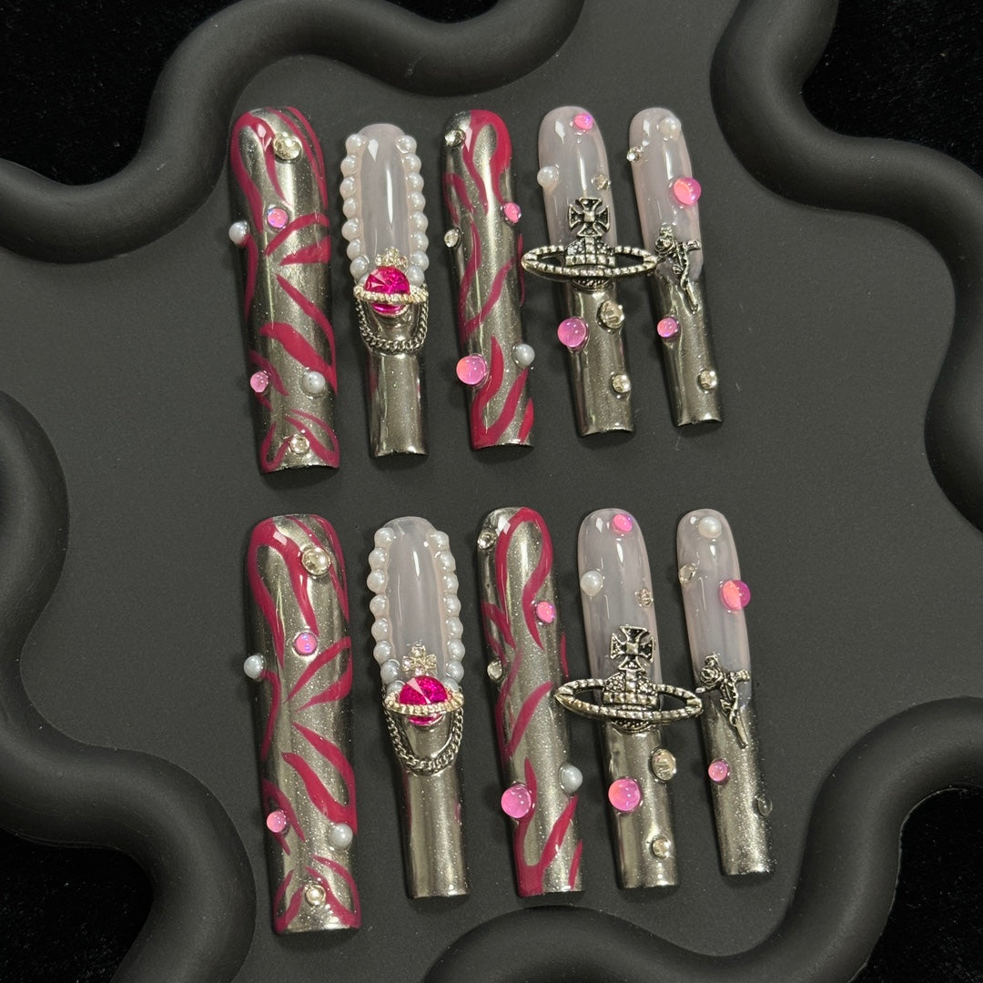 2. "Stylish Long Square Light Pink Chrome PressOn Nails for Elegant Appearance"