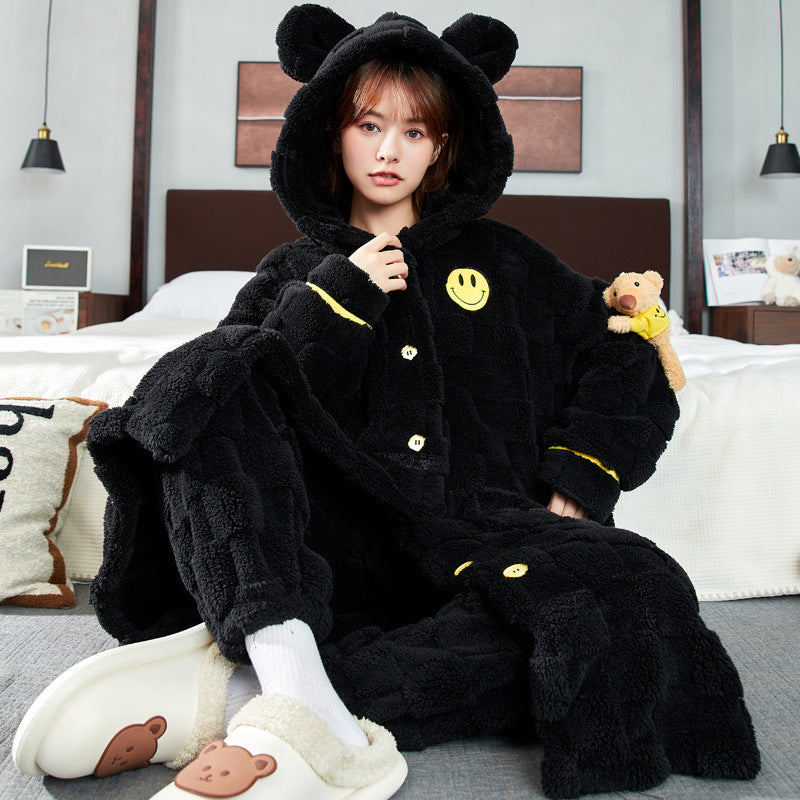 Coral Fleece Pajamas for Women Winter Thickened Long Cute Flannel Autumn Winter Women's Nightgown Homewear Set