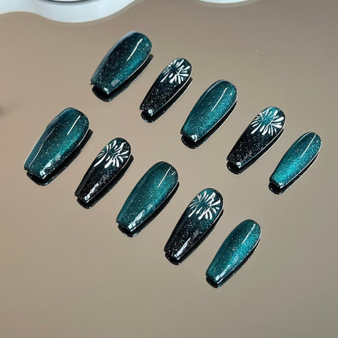 Green Cat Eye Nails Coffin Firework False Nails Set Handmade Glitter Art Nails