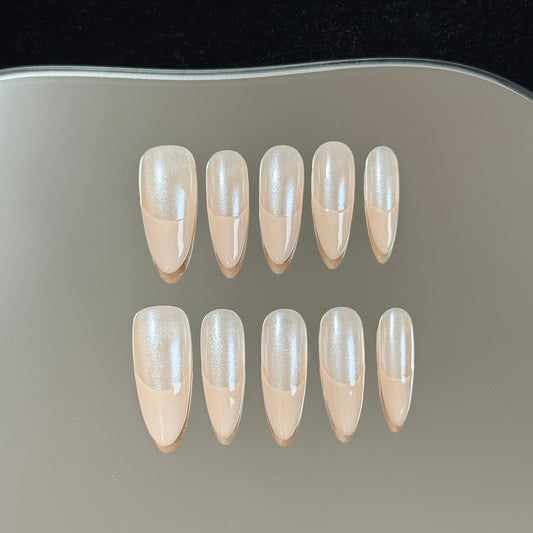 Long Almond French Tip Nails White Unique Minimalist Style Chrome Powder Nails images_1