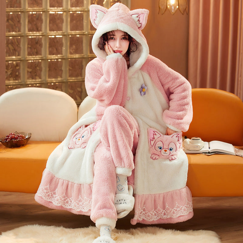 Coral Fleece Pajamas for Women Winter Thickened Long Cute Flannel Autumn Winter Women's Nightgown Homewear Set
