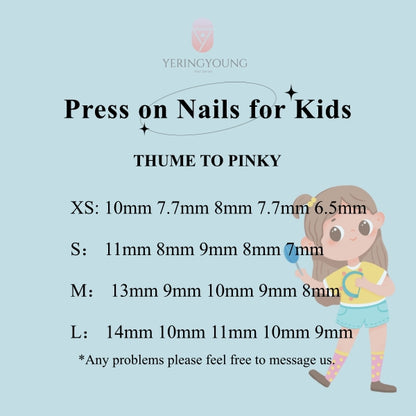 YeringYoung's press-on nails for kids feature a size chart with XS to L options, tailored for little fingers. Sizes range from 6.5mm to 14mm. Contact YeringYoung or visit https://yeringyoung.com/blogs/blog/how-to-measure-your-fingers-to-choose-your-size for more details or assistance of kids press on nails.